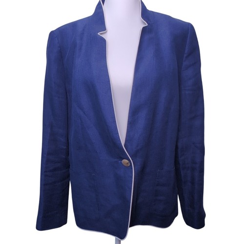 Talbots klassischer marineblauer Blazer 100 % Leinen Aberdeen Einknopf Größe 14 Karriere