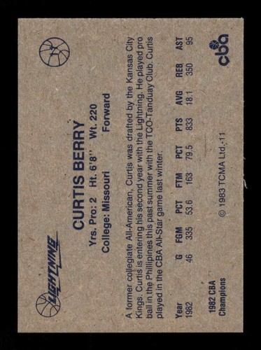 1982-83 TCMA CBA Lancaster Lightning 11 Curtis Berry EXMT to NM BXCP53 - Picture 2 of 2