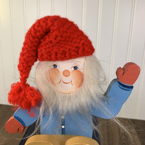 1990 handgefertigte bemalte Holz Norweger Elfe Nisse Regal Sitter Strickmütze signiert - Bild 8 von 8