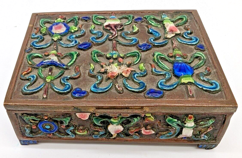 Cloisonne Repousse Emaille Messing florales Design Schatulle handbemalt alt chinesisch - Bild 10 von 10