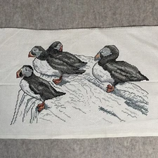 Finished Cross Stitch Puffins Unframed