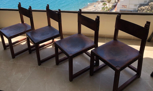 GENUINE Spanish Walnut & Leather Safari Renaissance Chairs Vintage Circa 1930-50 - Picture 4 of 15