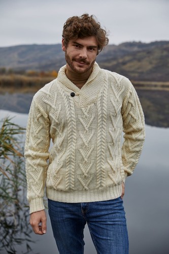 SAOL Aran Irish Fisherman Merino Wool Sweater Men's Cable Knit Shawl Pullover - Picture 6 of 24