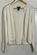 Lands End Women L Ivory Chunky Knit Cable Cardigan Sweater Button Front Cozy