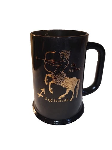 Zodiac Sagittarius The Archer Mug Black and Gold Vtg MCM Larger Mug