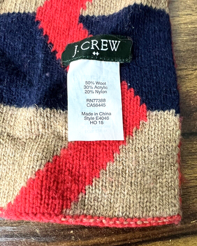 J. Crew Wool Blend Knitted Scarf red blue tan geometric long scarf 15.5" W L 60+ - Picture 2 of 10