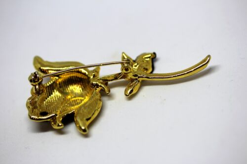 Vintage Brooch Gold Metal Black Velvet Rose Flower Design Pin - Picture 6 of 9