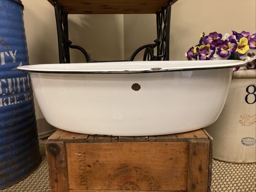 Large Enamel Ware Tub Basin Oval Wash Bowl 25” White Black Baby Bath Farmhouse - Picture 11 of 22