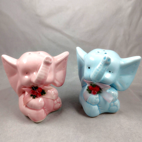 Baby Elefant Keramik Salz Pfefferstreuer rosa blau anthropomorphe Stopfen Vintage - Bild 1 von 6