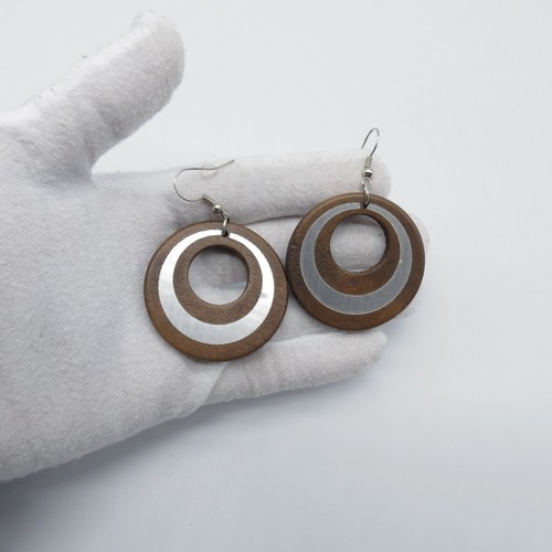 Pendientes colgantes redondos de madera marrón tono plata boho étnicos - Imagen 2 de 14