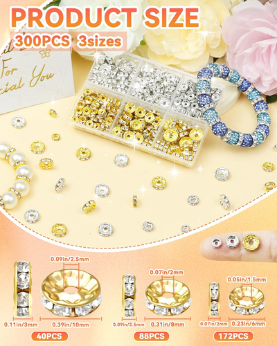 300Pcs Rondelle Spacer Beads for Jewelry Making, 6Mm, 8Mm, 10Mm Beads with Hole - Picture 2 of 12