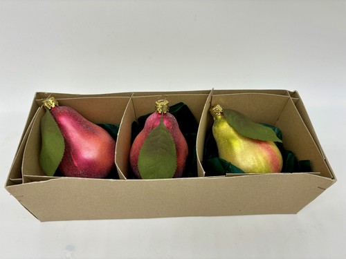 3 Vintage West Germany Glass Red and Yellow Pears Fruit Ornaments Original Box - Picture 5 of 9