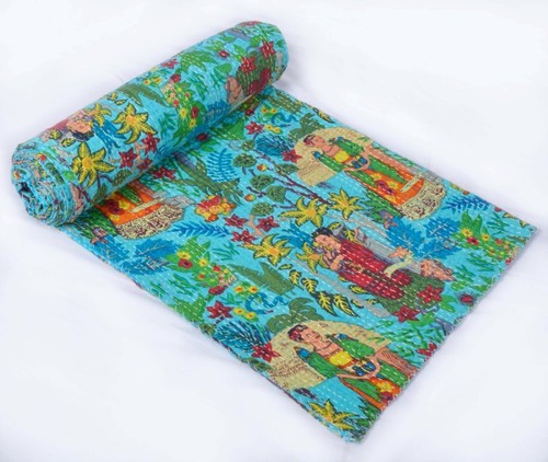 Hand Block Print Queen Cotton Kantha Quilt Blanket Bedspread Gudari Art - Picture 2 of 4