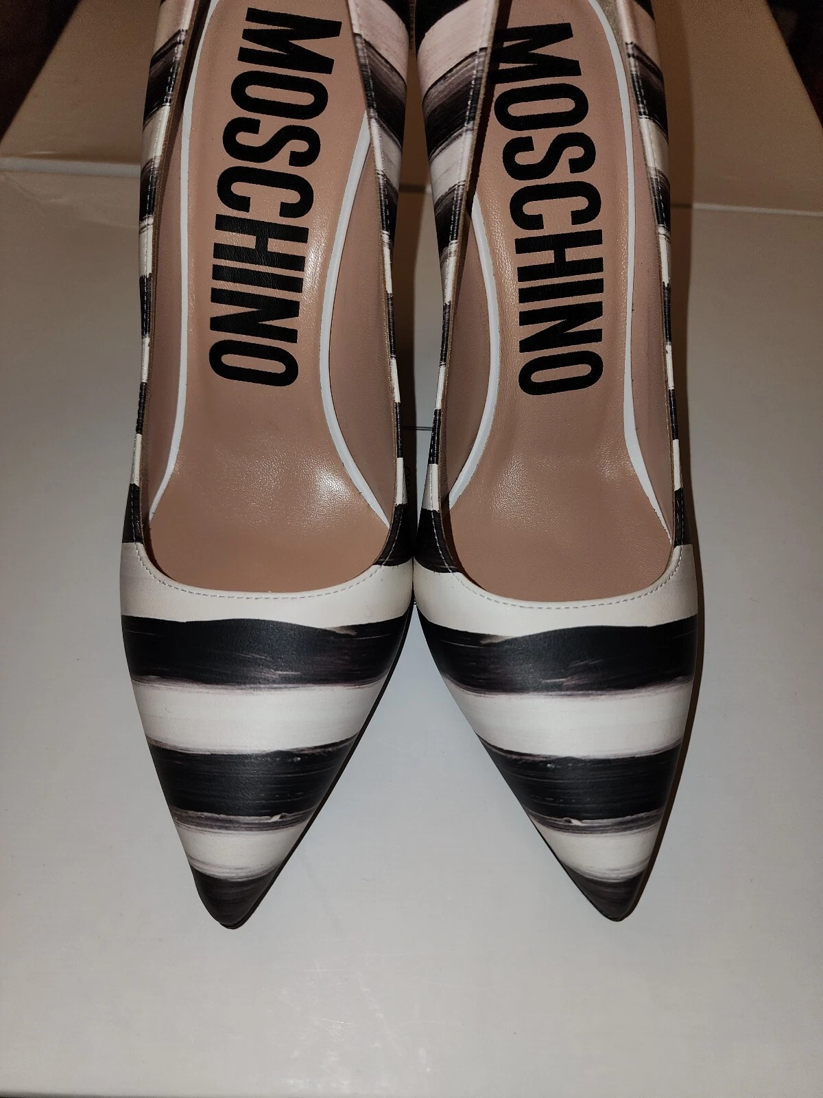 MOSCHINO 39 5 US 7 5 scarpe couture in pelle nera décolleté tacchi a righe strega trucco