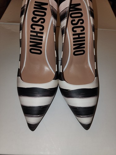 MOSCHINO 39.5 US 7.5 Couture Black Leather Shoes Pumps Heels Witch Stripe Trick - Picture 7 of 9