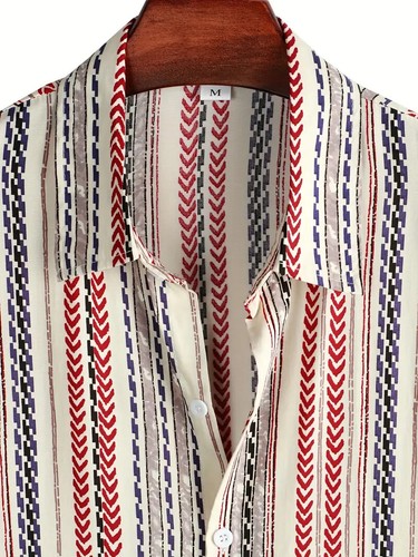 Button Down Shirt Men Colorful Red Striped Pinstripes Stylish Casual Party Dress - Picture 3 of 4
