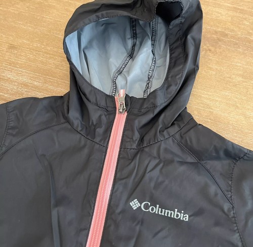 Columbia Jacket Girls XS 6 Long Sleeve Hood Pockets Lightweight Black Pink - Picture 2 of 10