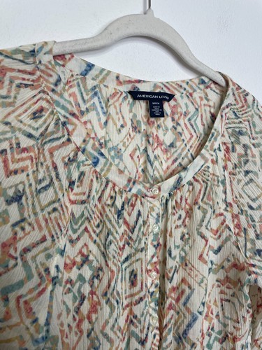 American Living Small Geo Print Peasant Blouse Long Sleeve Button Front - Picture 2 of 8