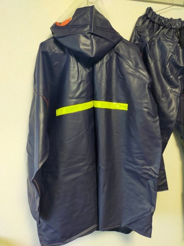 Very heavy thick navy vinyl rainsuits PVC hooded jacket and pants set - Picture 6 of 23