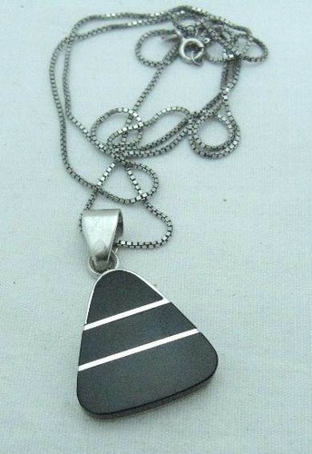 Holen Taxco Nachlass Onyx Sterlingsilber 950 Silber geometrischer Anhänger Halskette, 24" - Bild 7 von 7