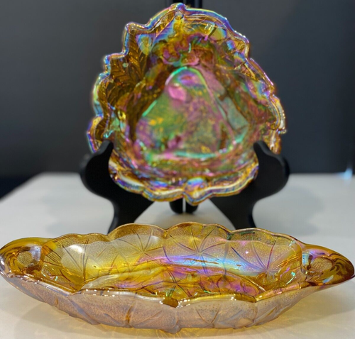 Vtg. 2 Pieces of Indiana Amber Iridescent Carnival Glass Candy Bowls - Picture 1 of 12
