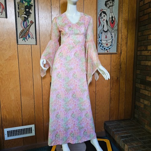 Vintage 70s Scarf Angel Sleeve Woodstock Hippie Pink Fairycore Maxi Gown Dress S