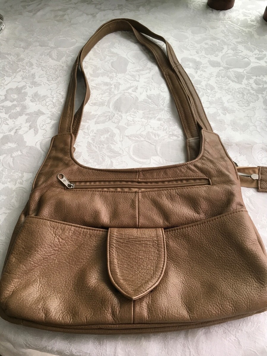 Taupe Genuine Leather Multi-Compartment Shoulder Bag Made In Mexico -Vintage