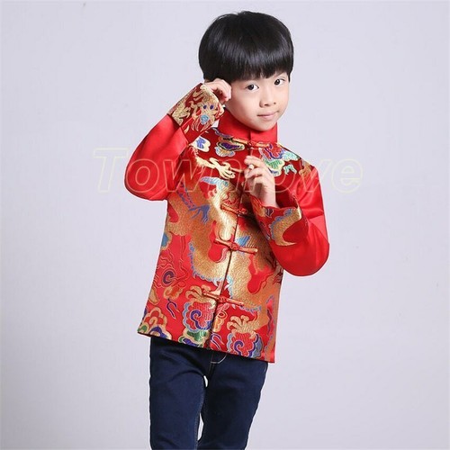 Chinese Tang Suit Red Clothing for Kids Boy Hanfu Top Dragon Print Party Stage - Picture 3 of 28