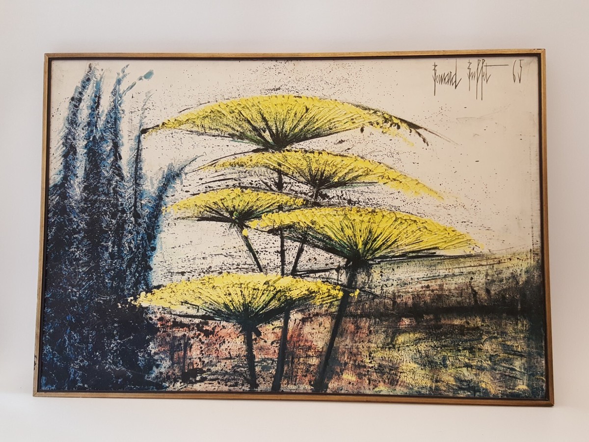 Vintage 1965 Bernard Buffet MCM abstract flower print 22x32