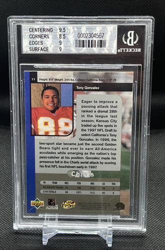 1997 Sp Autentico Tony Gonzalez Rookie #11 BGS 9 come nuovo RC HOF - Foto 4 di 4