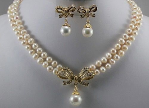 18k Yellow Gold GP 6-7mm White Pearl Shell Pearl Pendant Necklace Earrings Set