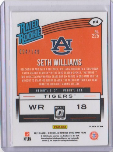 2021 PANINI CHRONICLES DONRUSS OPTIC SETH WILLIAMS RED RATED ROOKIE #094/149 - Picture 2 of 2