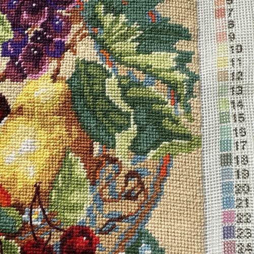 Vintage Bucilla Fruit Needlepoint Stitched Pillow Top Array of Fruit  13” X 13” - Picture 4 of 6