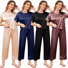 Women Short Sleeve Silk Pajamas Set Print Satin Sleepwear Homewear Nightwear