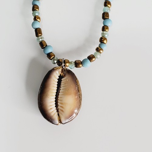 Mare Sole Amore Blue and Gold Beads with Shell Pendent Necklace - 26" - Picture 15 of 24