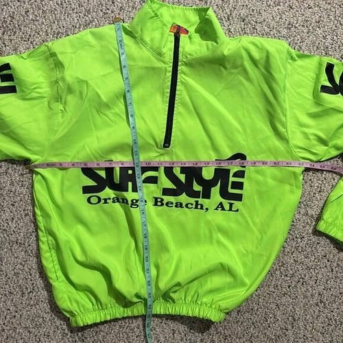 Vintage Surf Style Pullover Quarter Zip Windbreaker Neon Green Black Size Large - Picture 8 of 8