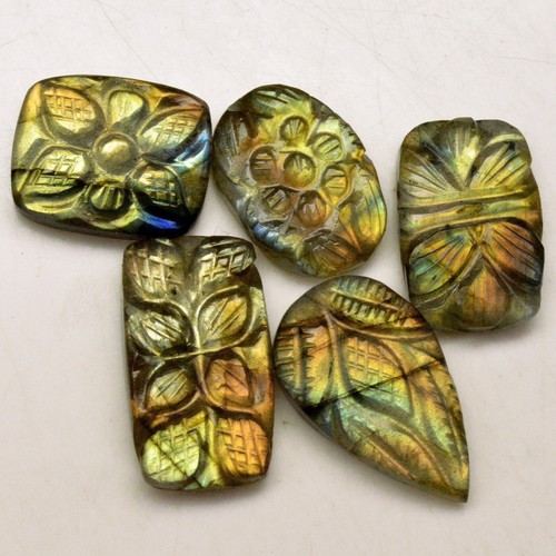 5Pcs 63Cts Natural Labradorite Carving Loose Gemstone Lot 21x12 17x12mm #R-13630 - Picture 1 of 5