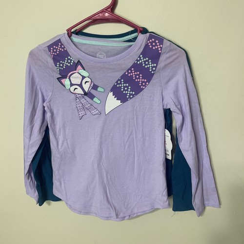Girls Cute 2 Pack Long Sleeve Unicorn & Fox Graphic Tees, Teal & Purple MEDIUM - Picture 6 of 9