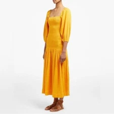 $423 NWT Rhode Harper Dropped Waist Smocked Dress in Bright Saffron Sz Small