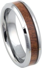 6mm High Polished with Mahogany Wood Inlay Beveled Edge Wedding Band Ring