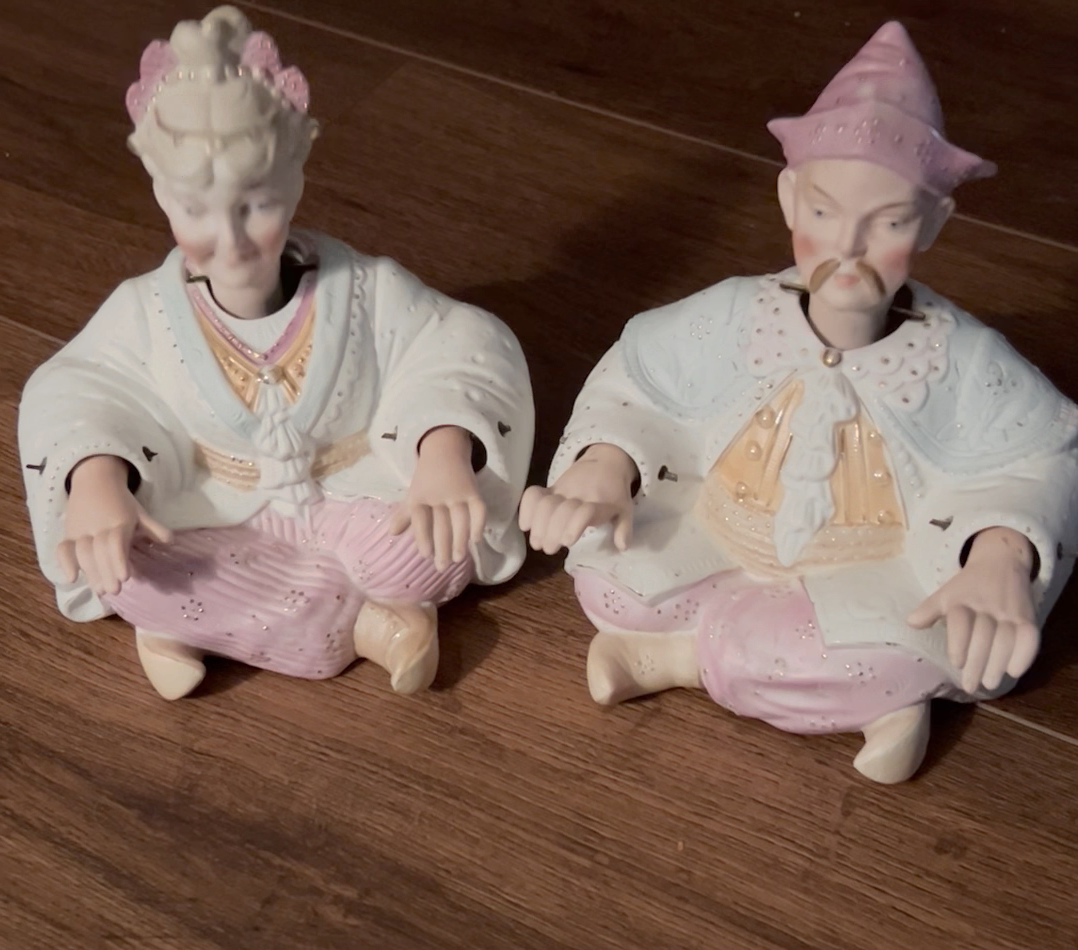 Pair German Porcelain Bisque Asian Man Woman Nodder