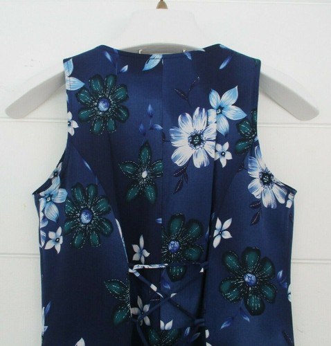 Vtg 90's Blue Floral Rayon Midi Dress Sz 7/8 Corset Tie Back A-line Sleeveless  - Picture 5 of 9