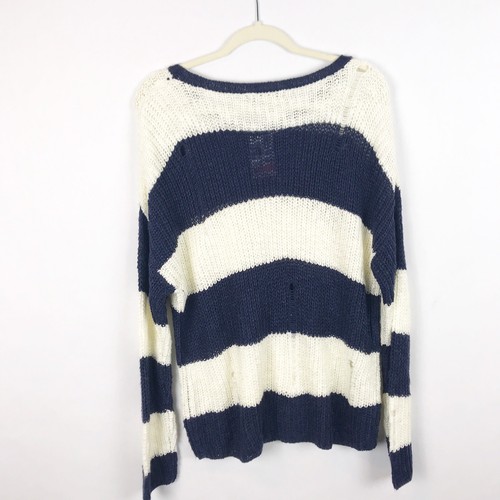 NWT Cotton Emporium Womens Sweater Navy White Stripe Distressed Size Small - Picture 5 of 5