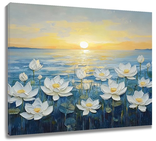 Sunset Landscape Water Lily Flower Abstract Wall Art for Bathroom Living Room - Picture 1 of 15