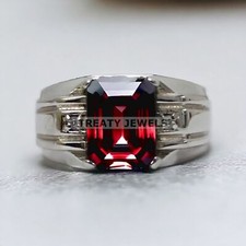Garnet Emerald Cut Gemstone With 925 Sterling Silver Ring For Men's 673