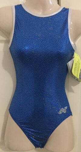 **NEW** AF Blue + Silver AS gymnastics leotard Alpha Factor ASM adult small NWT - Afbeelding 1 van 4