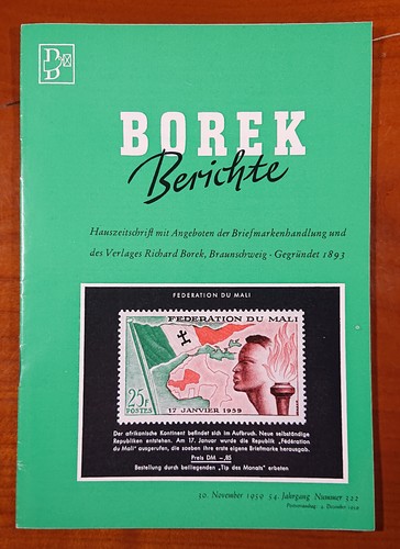 Richard Borek Informes Malí África Noviembre 1959 20 p. Sellos Filatelia