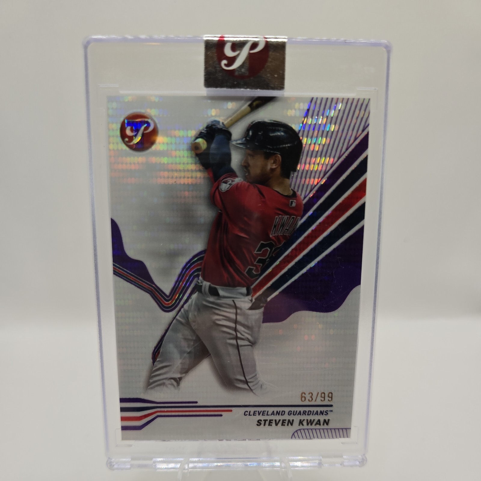 2024 Topps Pristine Steven Kwan Encased Pristine Purple Refractor 63/99
