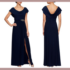 NWT 199 Alex Evenings  8  Cowl Neck Beaded Waist Gown in Navy Blue G1014