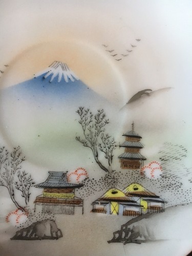 Mt Fuji Teacups and Saucers Eggshell Porcelain Hand Painted 2 Cups, - Picture 4 of 6